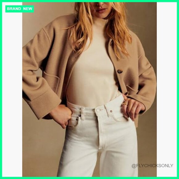 Cropped Pea Coat with Pockets, Boxy Fit Casual Jacket - Picture 2 of 7